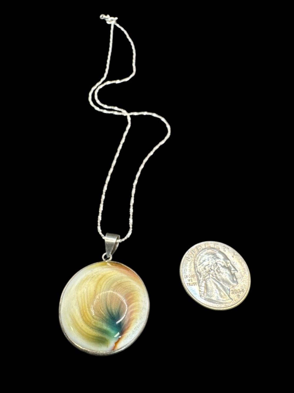 Vintage Sterling Silver Operculum Shell Pendant Necklace 16” Sterling Evil Eye - Picture 5 of 6